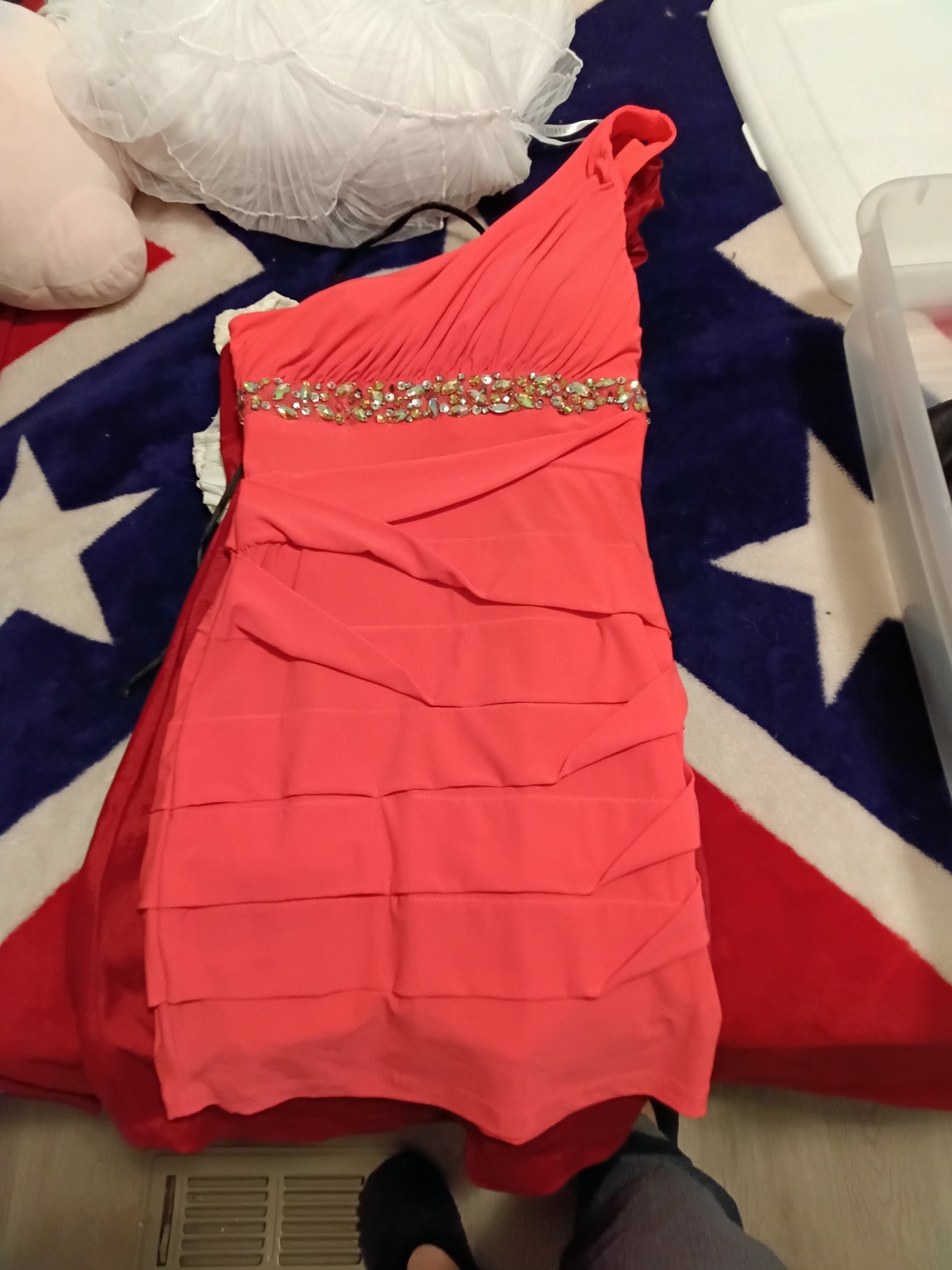 Source Unknown One-Shoulder Coral Dress with Embellished Waist